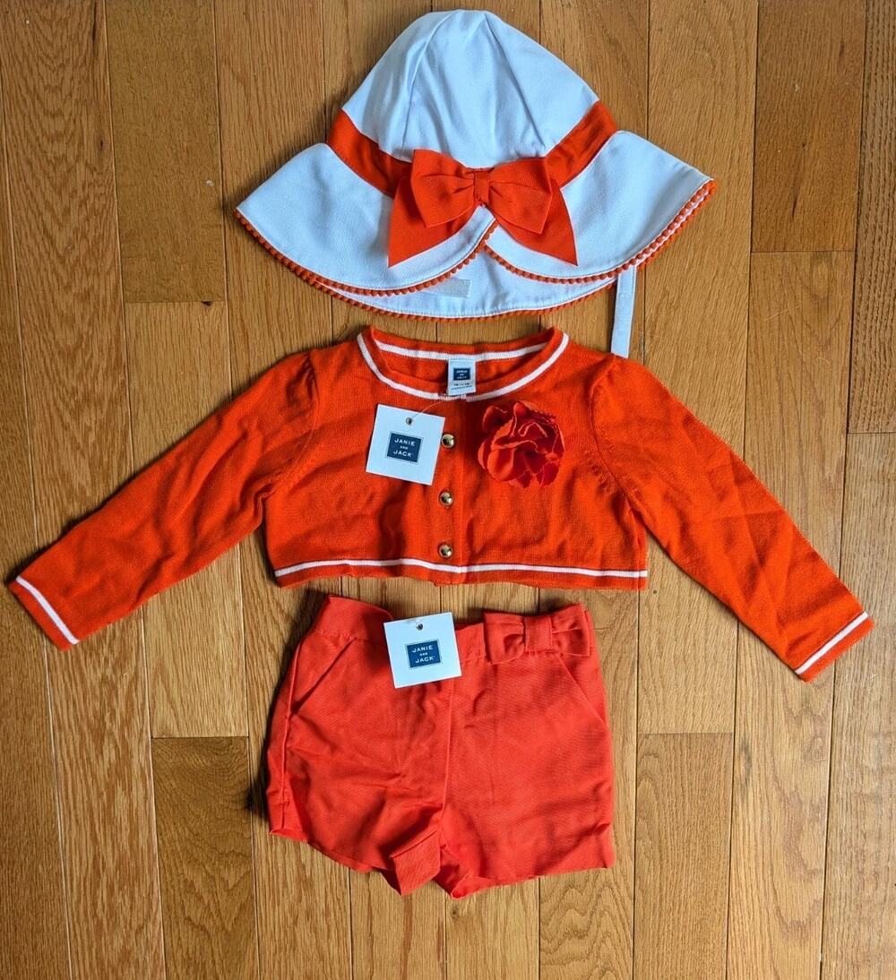 Janie And Jack Girls 3 Piece Set Red White Bows 12-18mo New With Tags